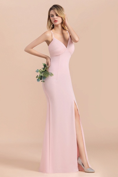 Pink V-neck A-Line Spaghetti Straps Chiffon Floor-length Bridesmaid Dress With Side Slit_8