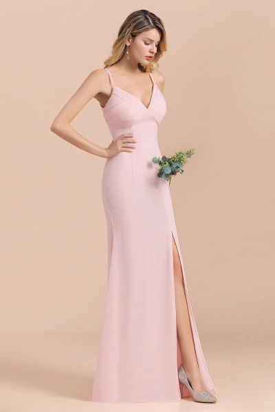Pink V-neck A-Line Spaghetti Straps Chiffon Floor-length Bridesmaid Dress With Side Slit_6