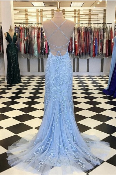 Light Blue Long Mermaid Tulle Prom Dress with Appliques Lace_11