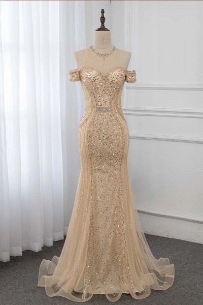 Charming Bateau Off-the-shoulder Sequins Beading Mermaid Tulle Prom Dress_1