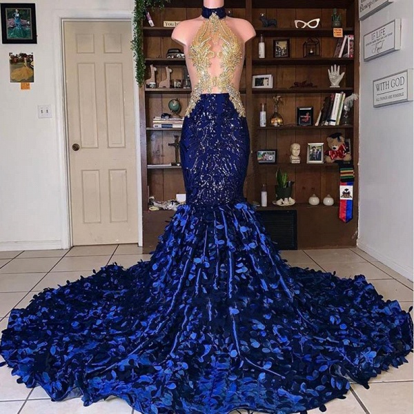 Royal Blue Mermaid African Sexy Beaded See Through Prom Dress_2