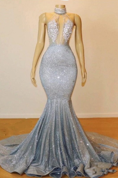 Blue Long Mermaid Sequins Crystal Beaded Backless Prom Dress_1