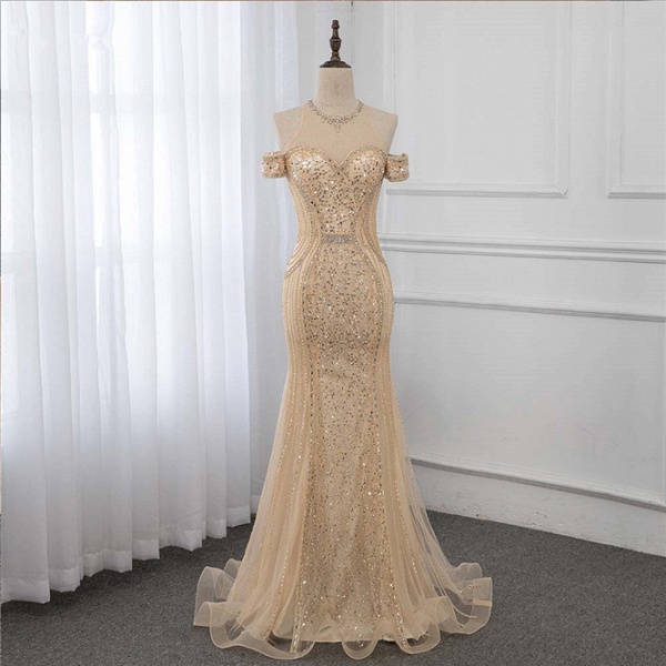 Charming Bateau Off-the-shoulder Sequins Beading Mermaid Tulle Prom Dress_6