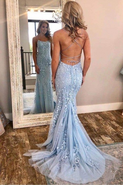 Light Blue Long Mermaid Tulle Prom Dress with Appliques Lace_10