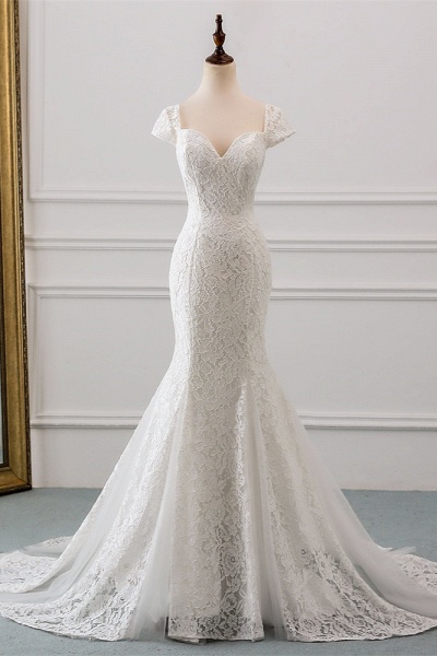 Elegant Long Mermaid Sweetheart Lace Wedding Dress with Cap-Sleeves_1