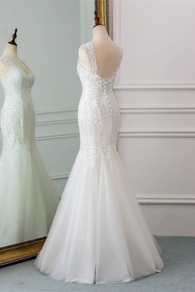 Gorgeous Long Mermaid V-neck Tulle Wedding Dress with Beadings_4