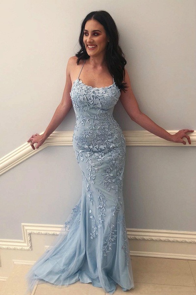 Light Blue Long Mermaid Tulle Prom Dress with Appliques Lace_7