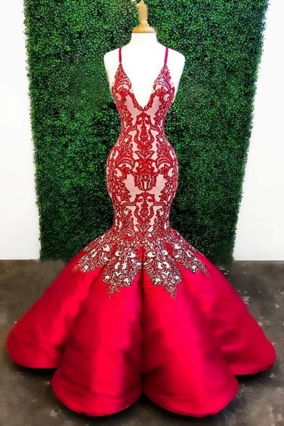 Red Mermaid Deep V Neck Lace Appliques Mermaid Prom Dresses_1