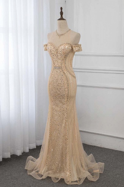 Charming Bateau Off-the-shoulder Sequins Beading Mermaid Tulle Prom ...