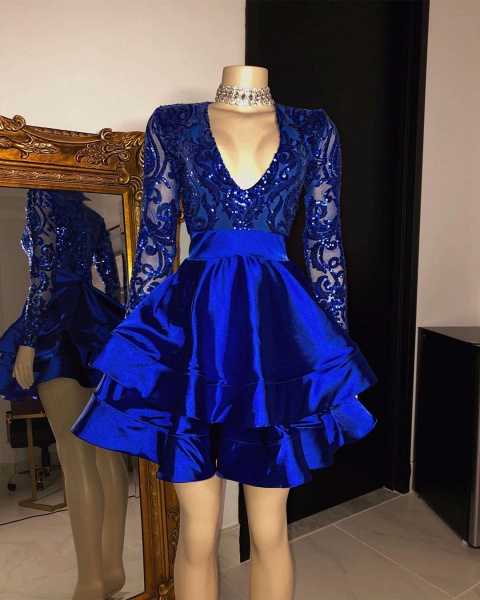 Short A-line V-neck Layers Sequins Appliques Prom Dress with Sleeves ...