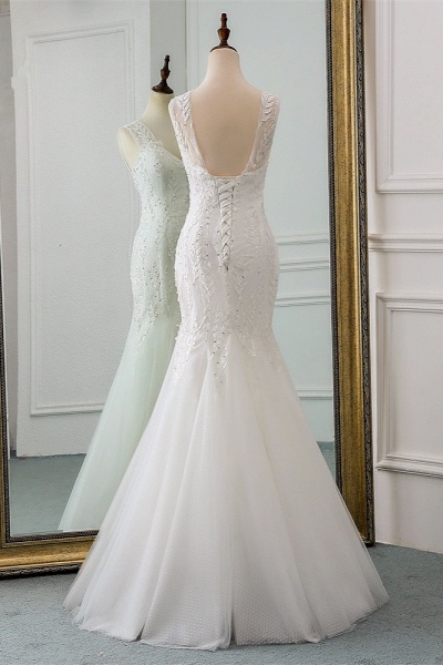 Gorgeous Long Mermaid V-neck Tulle Wedding Dress with Beadings_2