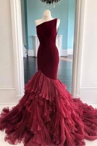 Burgundy Tulle Velvet Long Mermaid Dress Formal Prom Dress_2