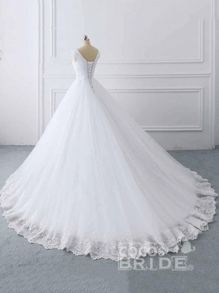 Simple V-Neck Lace-Up Ruffles Ball Gown Wedding Dresses_3