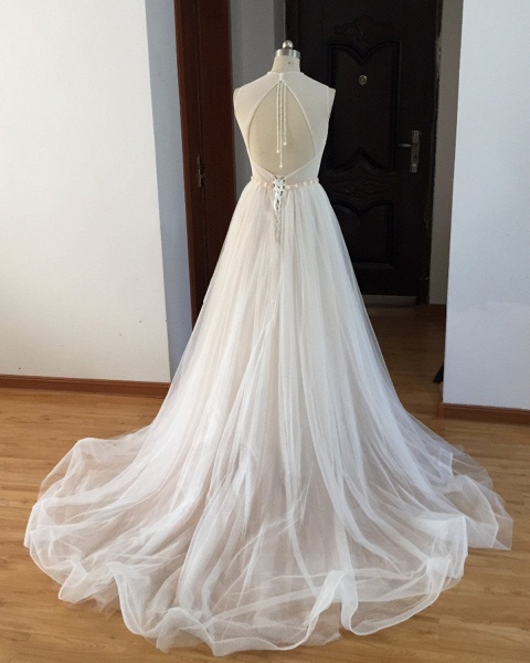 White Tulle Beaded Long Beaded Lace Wedding Dress_2