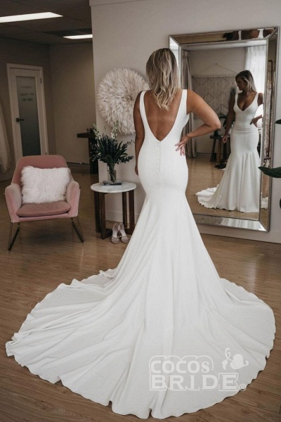 Simple V Neck Mermaid with Long Train Sexy Backless Beach Wedding Dress_2