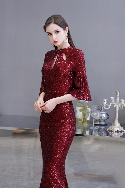 Burgundy Short Sleeve Sequins Long Prom Dress_4