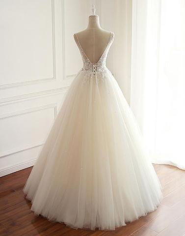 White Tulle Lace Open Back Long  Wedding Dress_3
