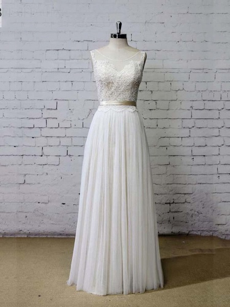 Elegant Floor Length Lace Tulle A-line Wedding Dresses_1