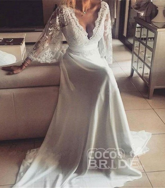 Romantic Boho V Neck Lace Appliques Chiffon Long Beach Wedding Dress_4