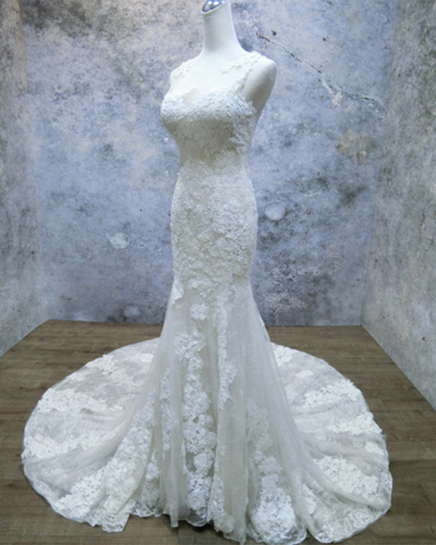 White Lace Mermaid Long Sweep Train Wedding Dress_2