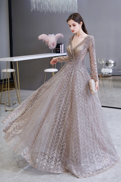 Long A-line V-neck Tulle Appliques Lace Prom Dresses with Sleeves_8