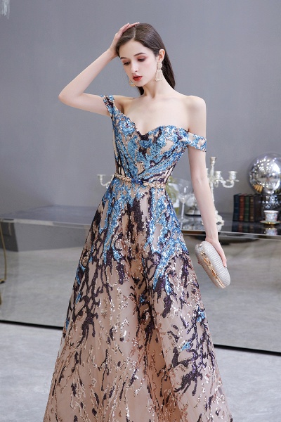 Elegant Multi-Color Long A-line Off the Shoulder Sequins Prom Dresses_4