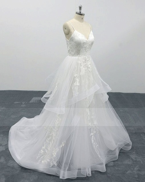 White Lace Layered A Line Thin Straps Fairytale Wedding Dress_3
