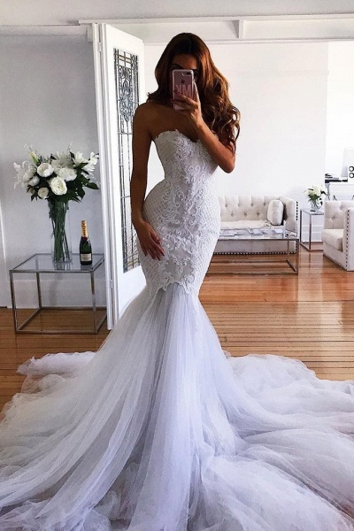 White Mermaid Sweetheart Sweep Train Tulle Lace Appliqued Wedding Dress_1