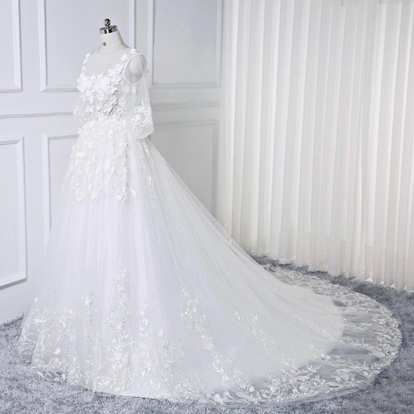 White Lace Flowers Half Sleeves Bridal Wedding Dress_3