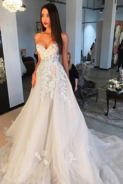 Elegant A Line Sweetheart Tulle Lace Applique Ivory Wedding Long Dress_1