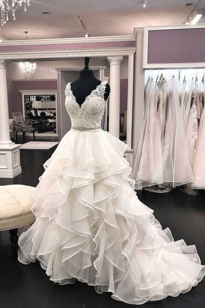 White Organza Ruffles Lace V Neck Formal Beaded Wedding Dress_1