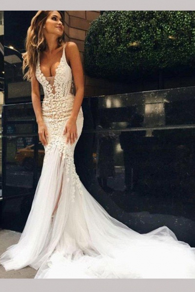 Luxurious Deep V-neck Tulle Mermaid Wedding Dress_1