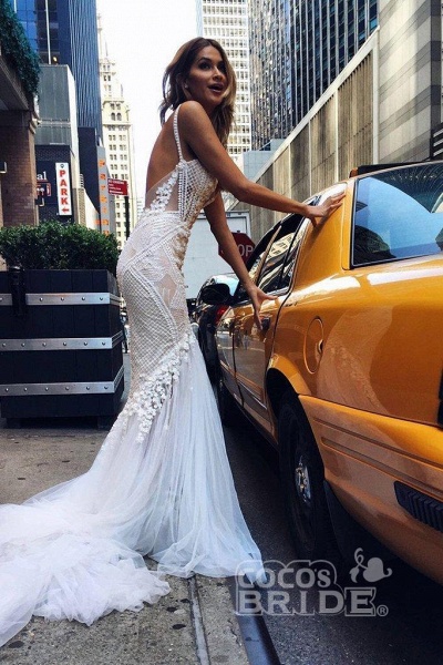 Luxurious Deep V-neck Tulle Mermaid Wedding Dress_4