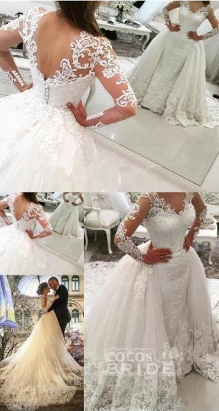 Gorgeous Ivory V-Neck Long Sleeves Appliques Watteau Train Wedding Dress_3
