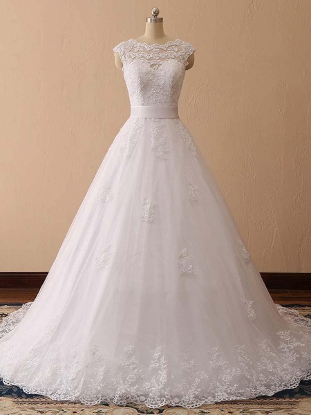 Elegant Cap Sleeves Lace Ball Gown Wedding Dresses_1