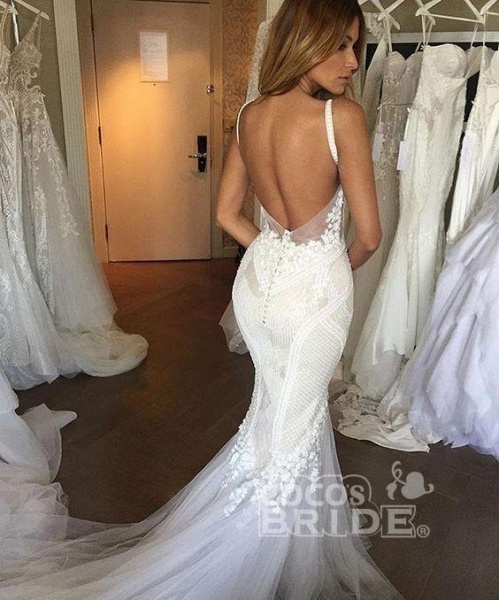 Luxurious Deep V-neck Tulle Mermaid Wedding Dress_2