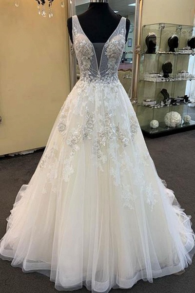 Unique White Tulle V Neck Long Beaded Lace Wedding Dress_1