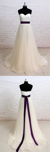 Ivory Lace Strapless Sweep Train A Line Wedding Dress_5
