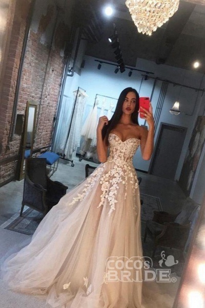 Elegant A Line Sweetheart Tulle Lace Applique Ivory Wedding Long Dress_3
