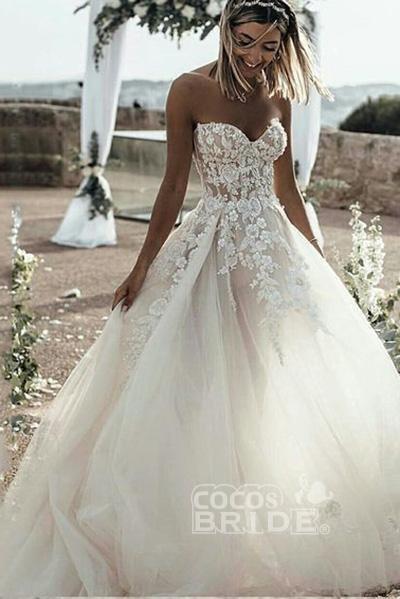 Elegant A Line Sweetheart Tulle Lace Applique Ivory Wedding Long Dress_4