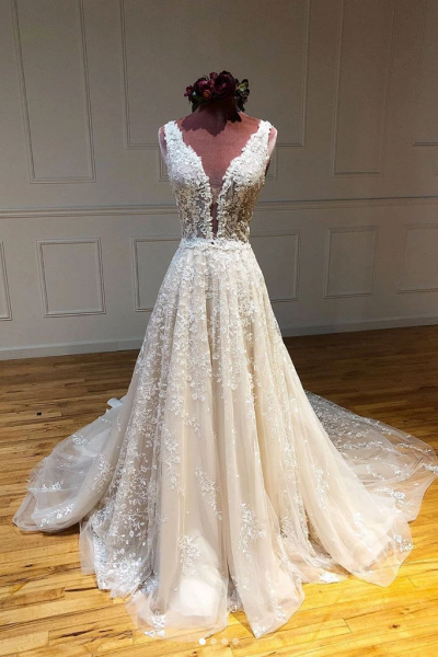 Beautiful A Line Deep V Neck Creamy Wedding Dress_1
