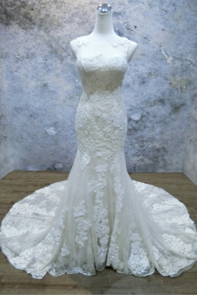 White Lace Mermaid Long Sweep Train Wedding Dress_1