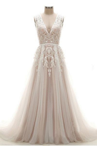 Lace Appliques V Neck Long Wedding Dress_1