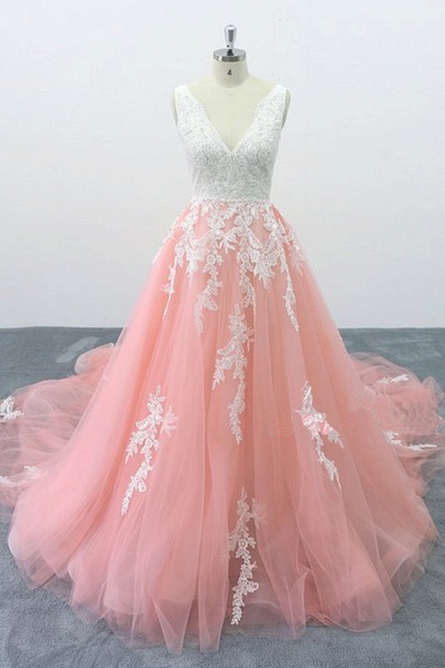 Peach Pink Tulle Cathedral Train Lace Wedding Dress_1