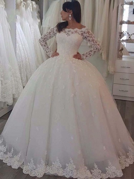 Elegante Bateau-Ballkleid-Hochzeitskleider mit langen Ärmeln und Spitze_1