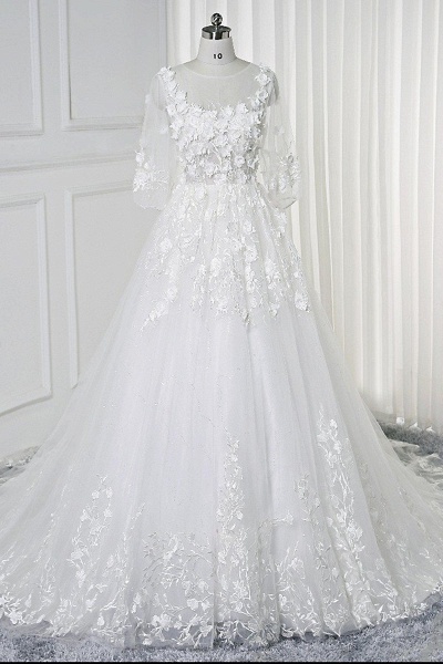 White Lace Flowers Half Sleeves Bridal Wedding Dress_1