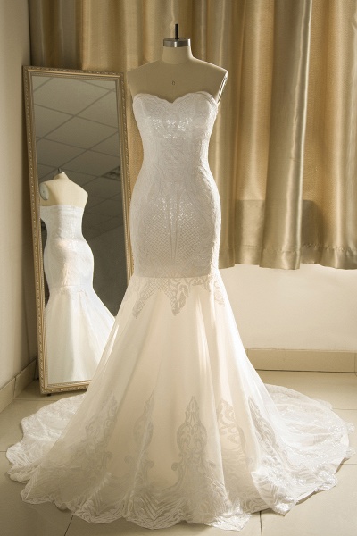 White Long Mermaid Sweetheart Sparkle Tulle Lace Wedding Dresses_1