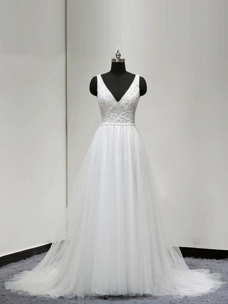 Glamorous V-Neck A-Line Tulle Wedding Dresses_1