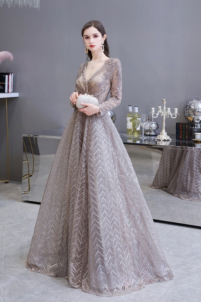 Long A-line V-neck Tulle Appliques Lace Prom Dresses with Sleeves_3