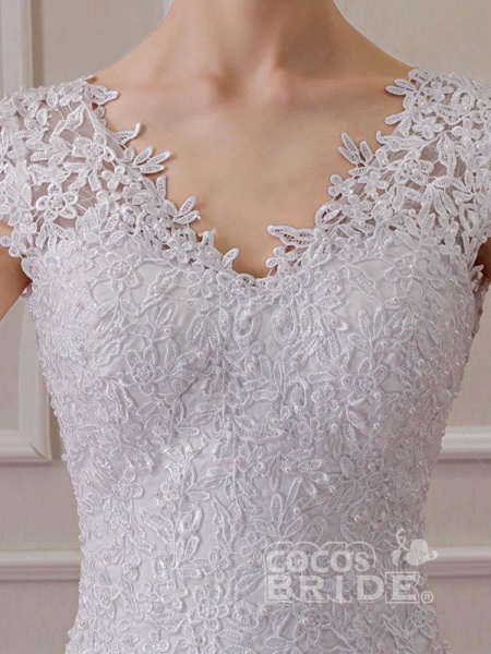 Affordable V-Neck Short Sleeves Lace Mermaid Wedding Dresses_5